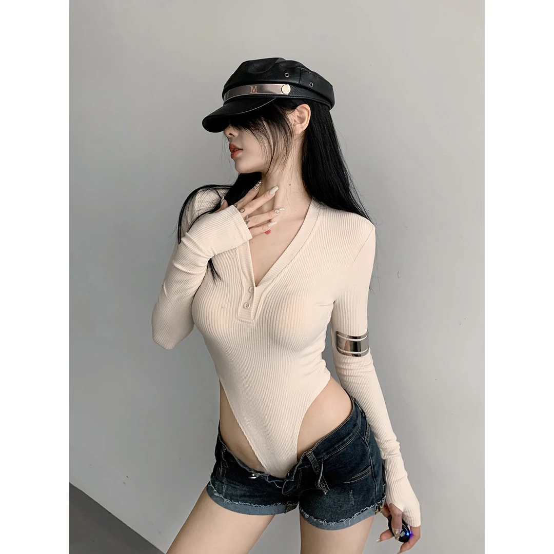 辣妹长袖T恤高叉连体衣女秋冬磨毛打底衫深v领性感露腰欧美风上衣