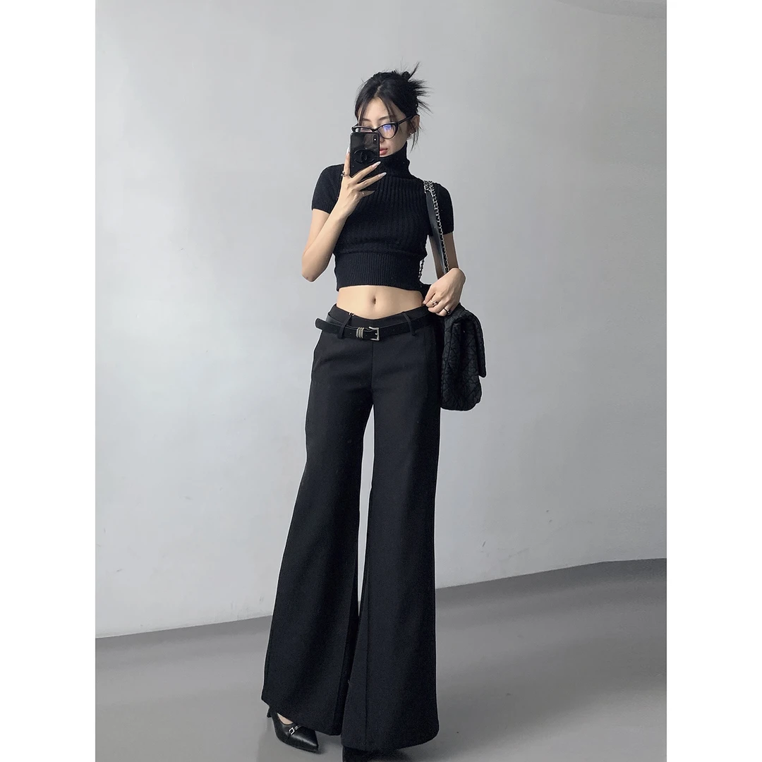 新款高个子V型低腰显瘦微喇垂感直筒休闲拖地阔腿裤黑色西装裤女