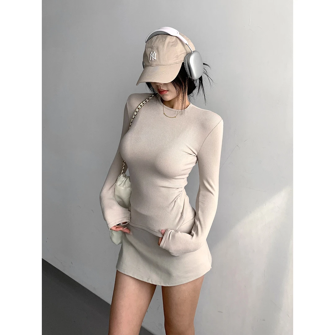 纯色套头螺纹棉打底衫女修身显瘦秋冬圆领内搭长袖T正肩收腰上衣