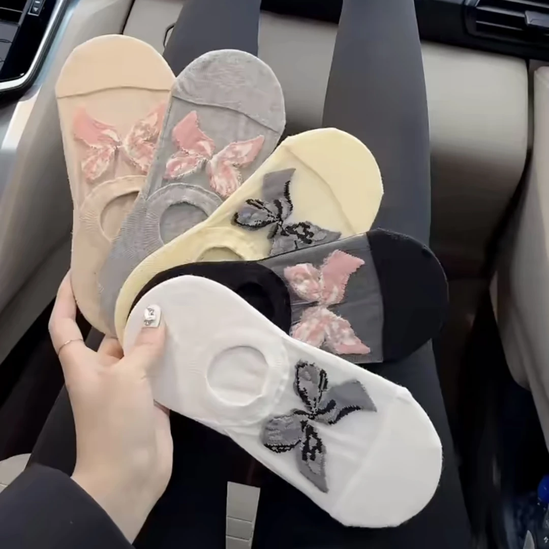 网纱玻璃丝女士船袜防滑不掉跟简约蝴蝶结卡丝棉袜吸汗袜透气袜子