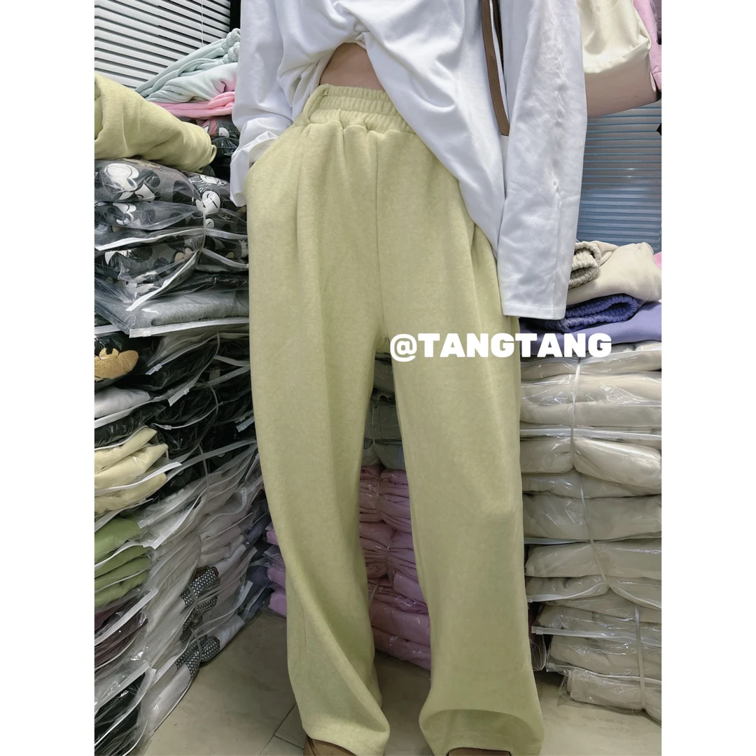 【现货-奶黄加绒拖地裤】東room秋冬款高腰宽松款纯色拖地裤女
