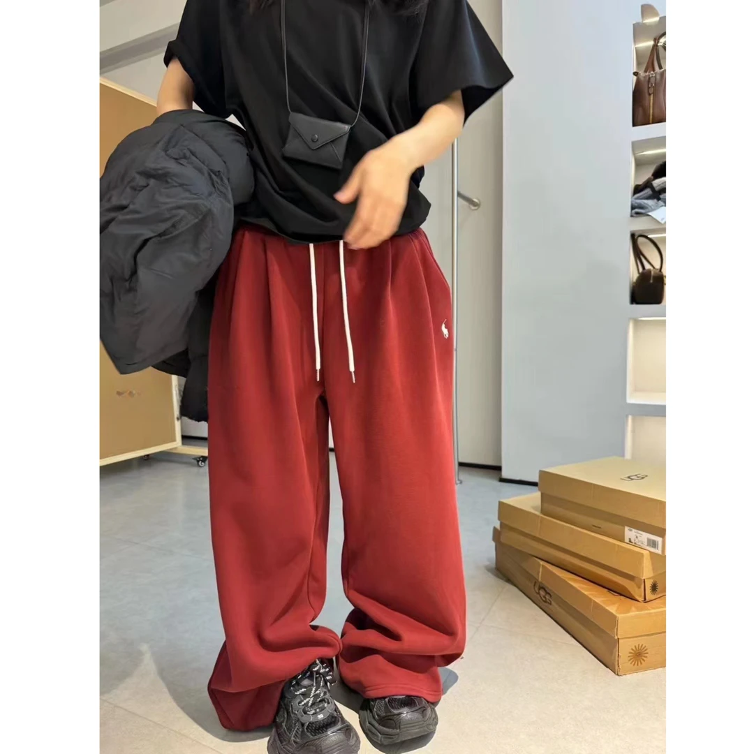 【刺绣小马加绒拖地裤】東room秋冬款显瘦高腰宽松款纯色拖地裤女