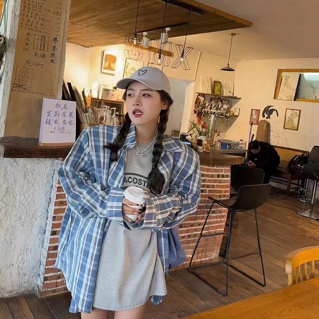 【定制牛仔蓝格衬衣】東room春季新款韩版网红款ins蓝格垫肩衬衫女