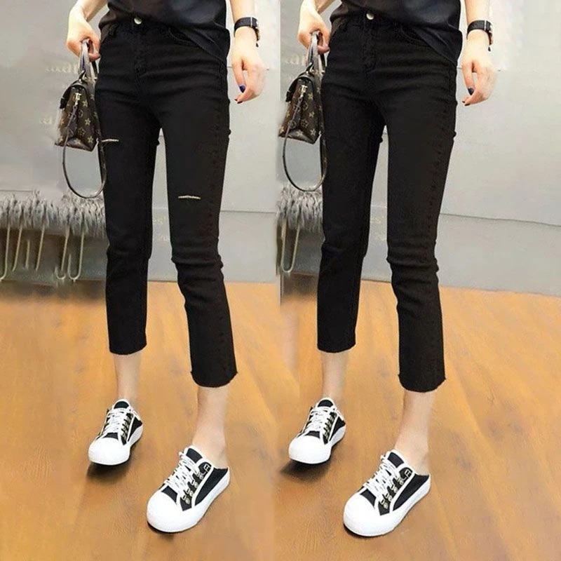 薄款破洞裤女小个子八分直筒裤修身显瘦百搭九分打底裤外穿魔术裤