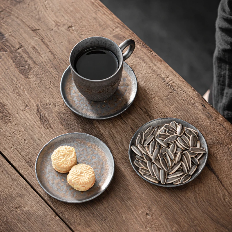手工粗陶小壶承复古茶托鎏金杯垫干泡茶台杯托壶托小果盘茶道零配