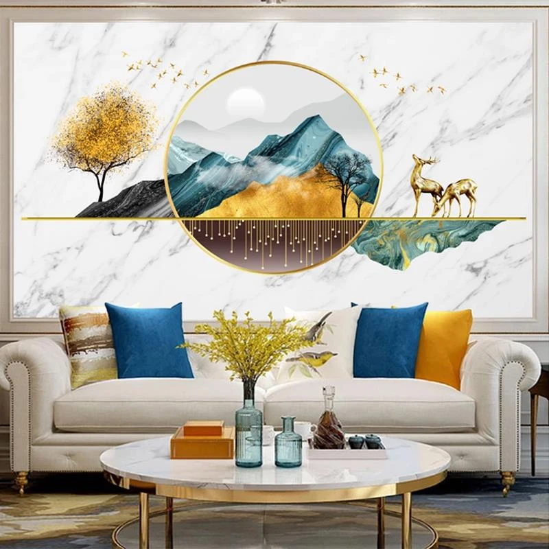 北欧金色发财麋鹿电视背景墙布简约客厅沙发壁布时尚卧室床头壁画