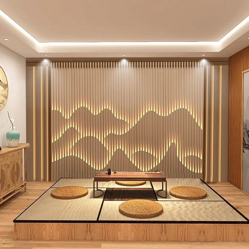 现代简约山水阑珊竹木纤维墙板养生馆足疗店前台扣板茶室护墙板