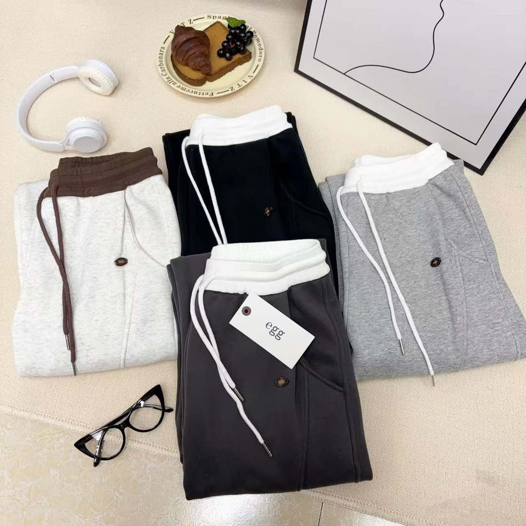 阿悄家 冬款 韩系egg撞色腰捏褶加绒直筒阔腿裤