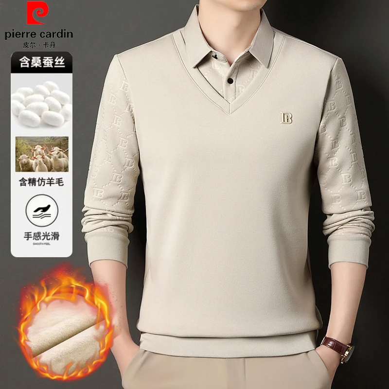 皮尔卡丹 冬季加绒加厚假两件保暖衬衫长袖上衣T恤休闲翻领中老年