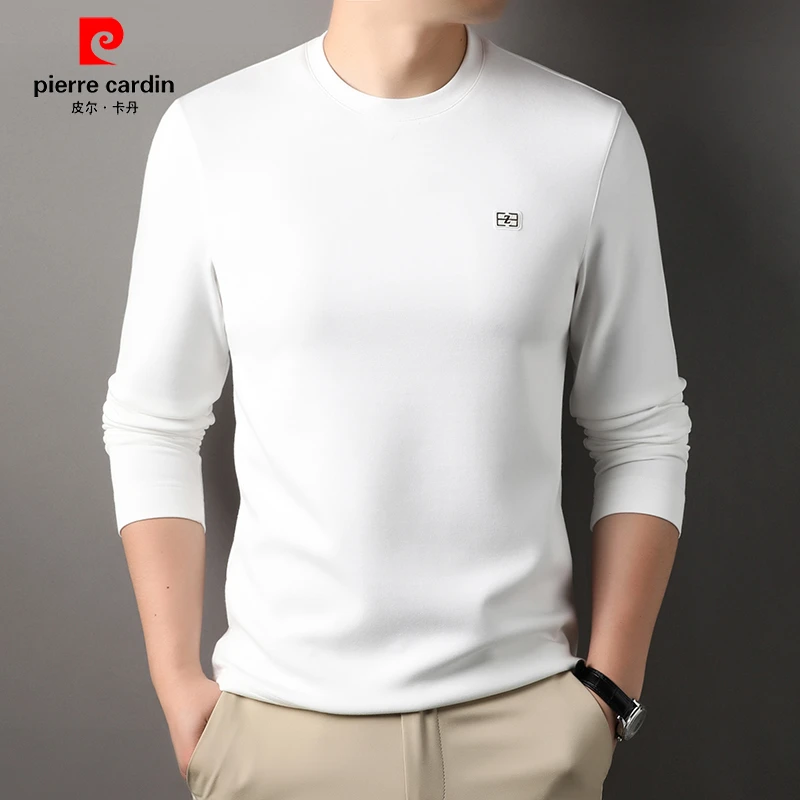 皮尔卡丹秋冬男士长袖薄款打底衫圆领羊毛衫百搭高档休闲中年纯色