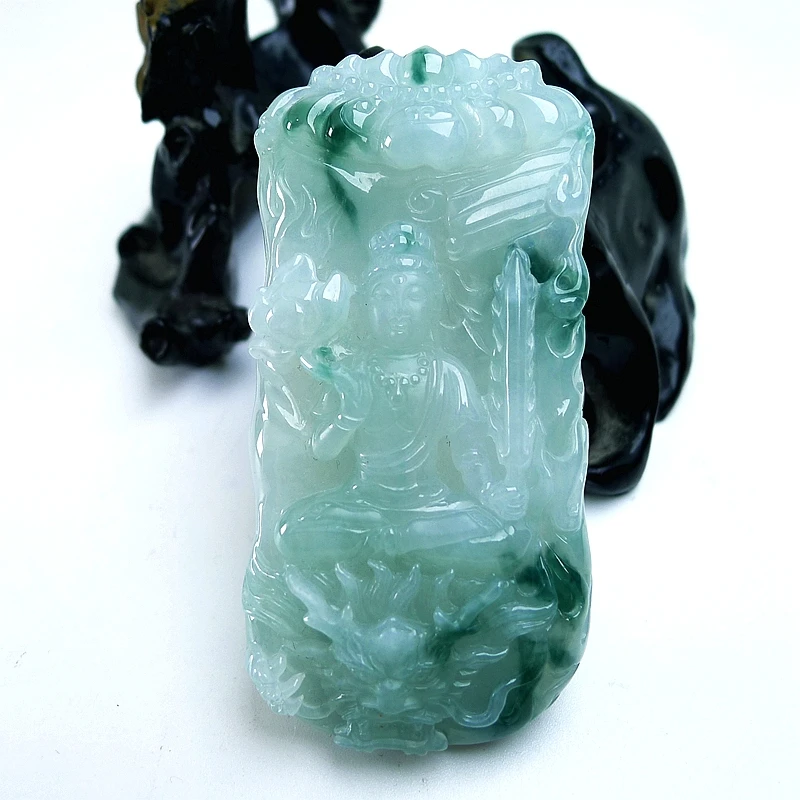 天然翡翠A货 冰飘花飘绿翡翠虚空藏菩萨吊坠生肖牛虎本命佛守护神