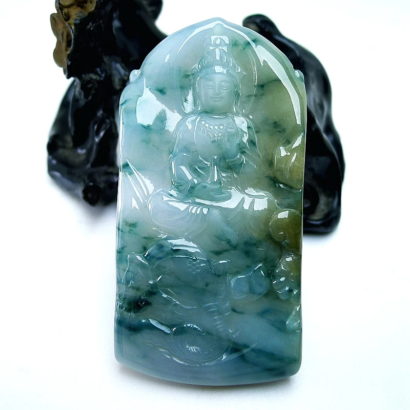 天然翡翠A货 冰飘花飘绿翡翠普贤菩萨吊坠 生肖龙蛇本命佛守护神