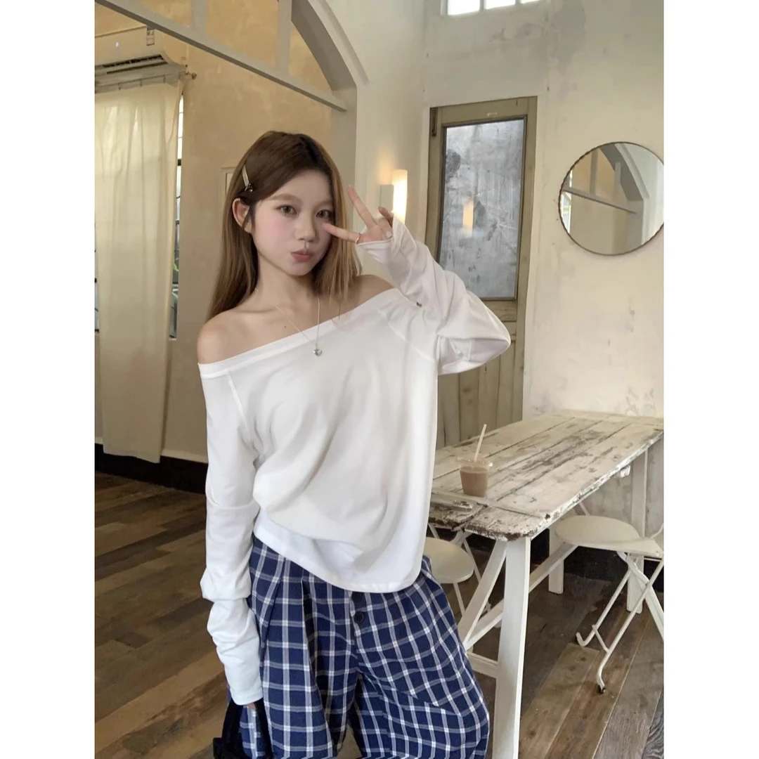 2024早秋新款设计感宽松弹力显瘦一字肩小众上衣女长袖T恤女百搭