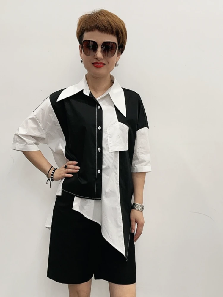 【雨田衬衫】2025夏季原创设计感不规则拼接百搭舒适撞色衬衫时尚