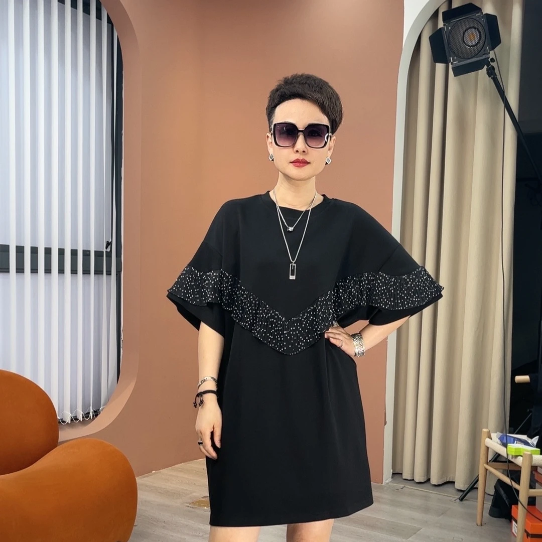 【雨田定制】荷叶连衣裙2024年夏季时尚气质拼接显瘦圆领波点连衣裙