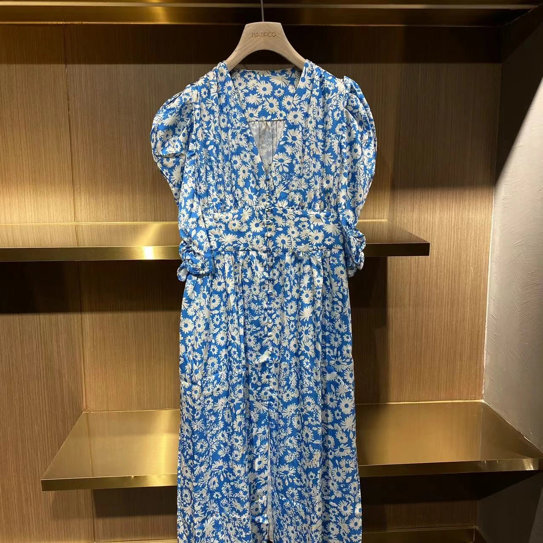 MNFK 小雏菊花 泡泡袖连衣裙 Q0421