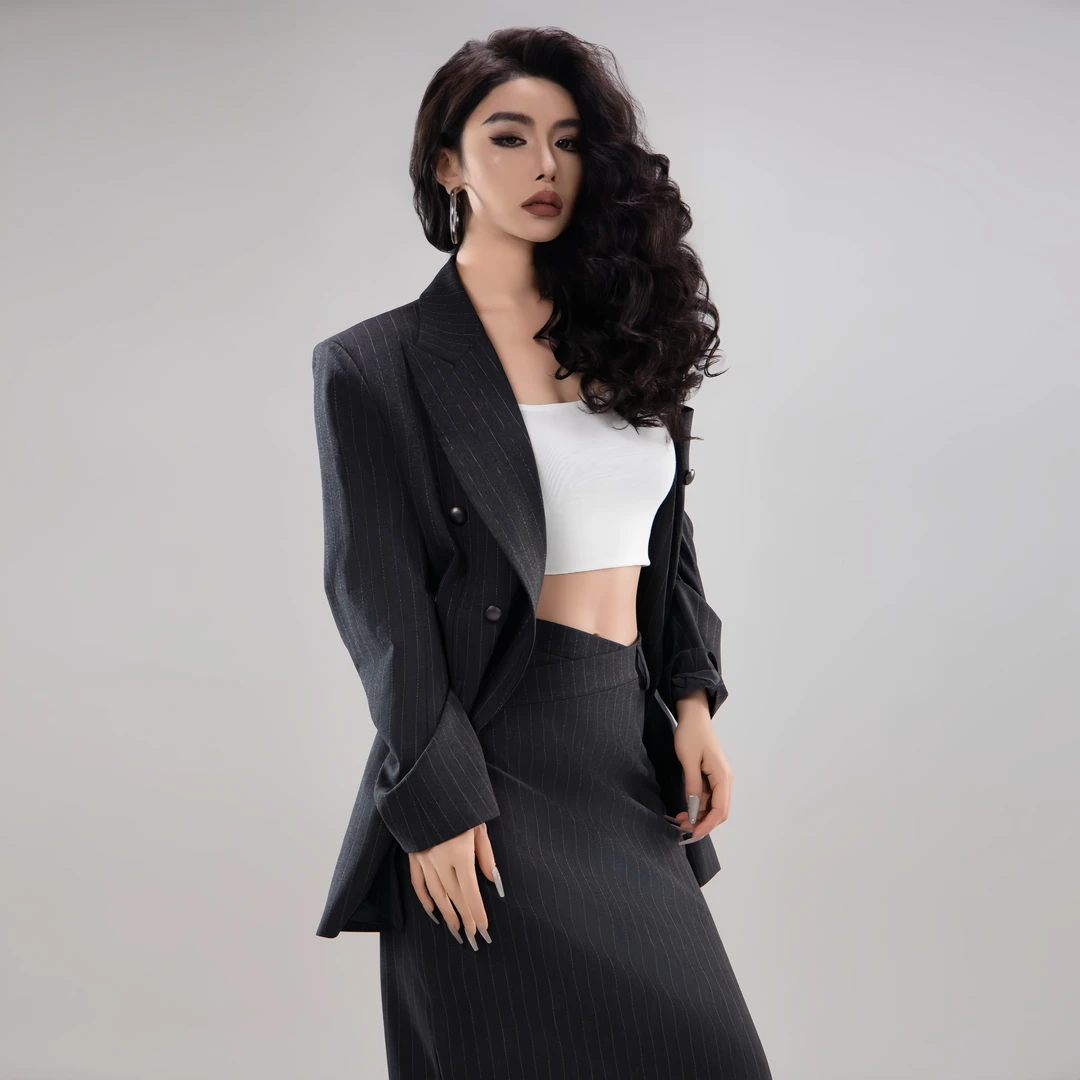 BEERUS【缅因】时尚高级Oversize条纹西装/设计师不规则出街半裙