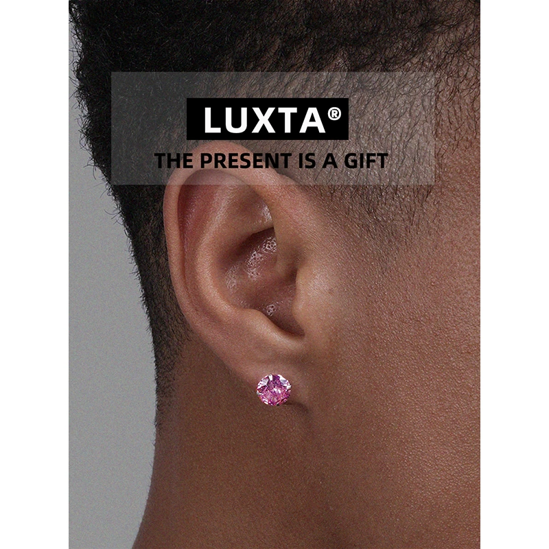 LUXTA 925银耳饰 纯银粉钻耳钉嘻哈男 极简粉红色锆石耳饰潮美式