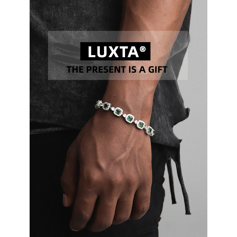 LUXTA 铜合金手链 绿石手链嘻哈男嘻哈 镀金手串网球链镶钻高级感