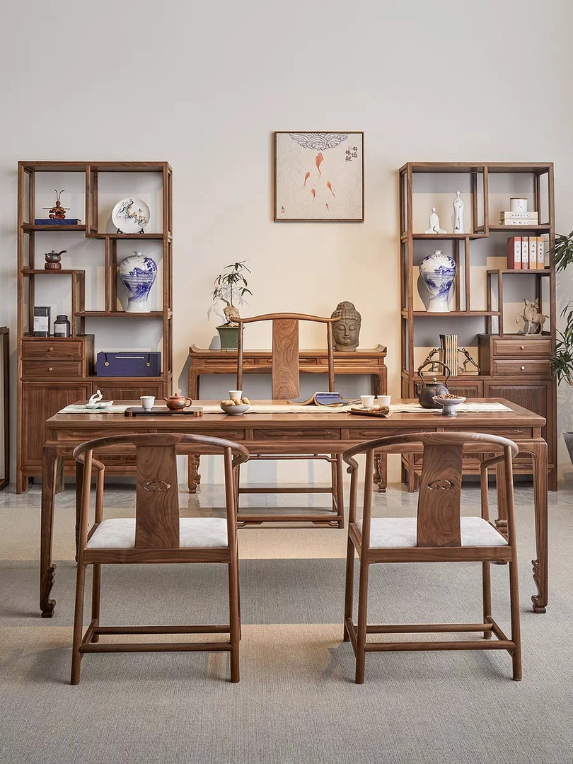 新中式实木茶桌椅组合黑胡桃木原木办公室茶台禅意鹤腿茶桌