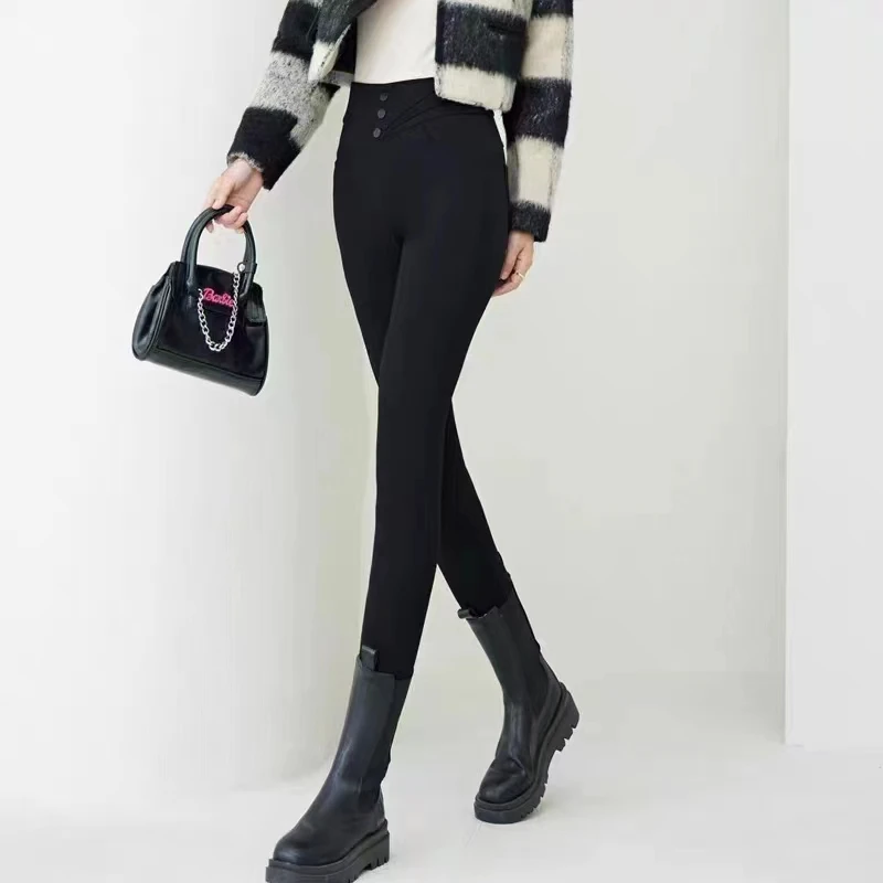 新款女士冬季鹅绒裤保暖高腰显瘦小黑裤秋冬休闲弹力舒适
