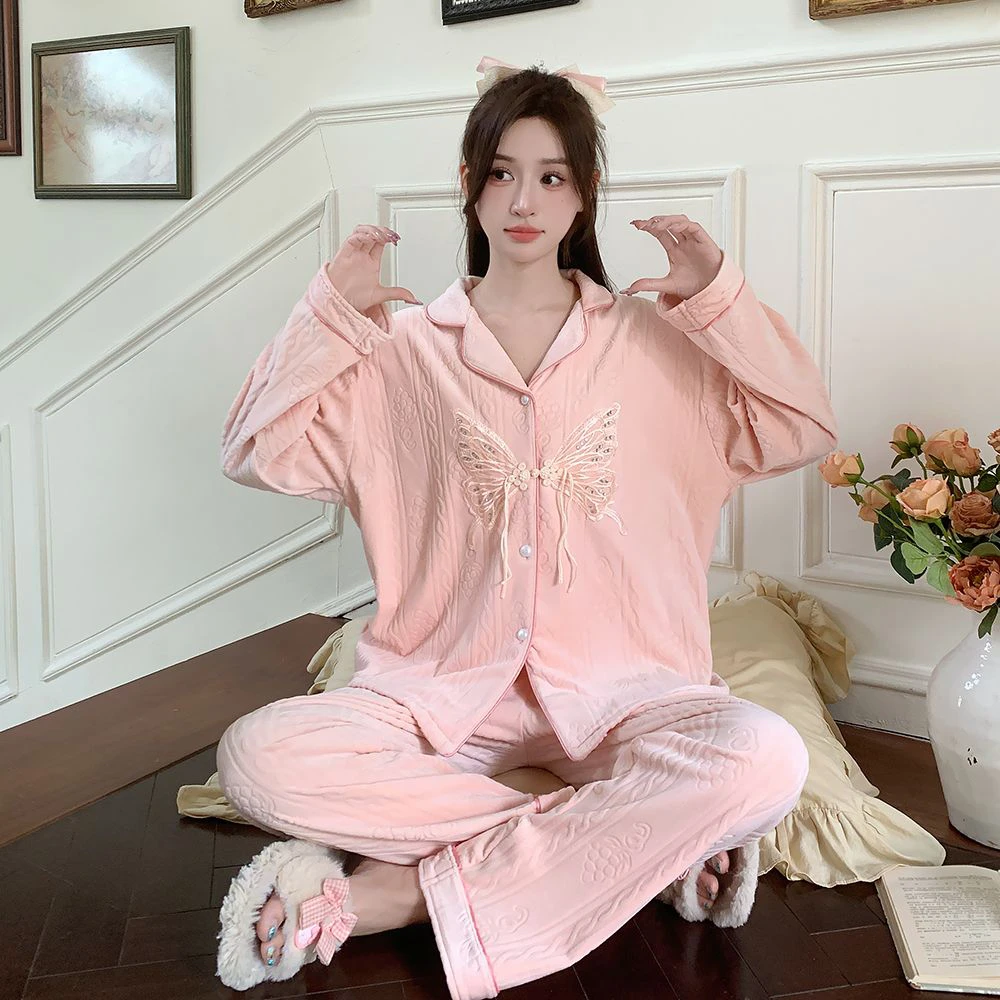 双面海岛绒睡衣秋冬款宫廷风女士开衫家居 服长袖外穿保暖睡衣