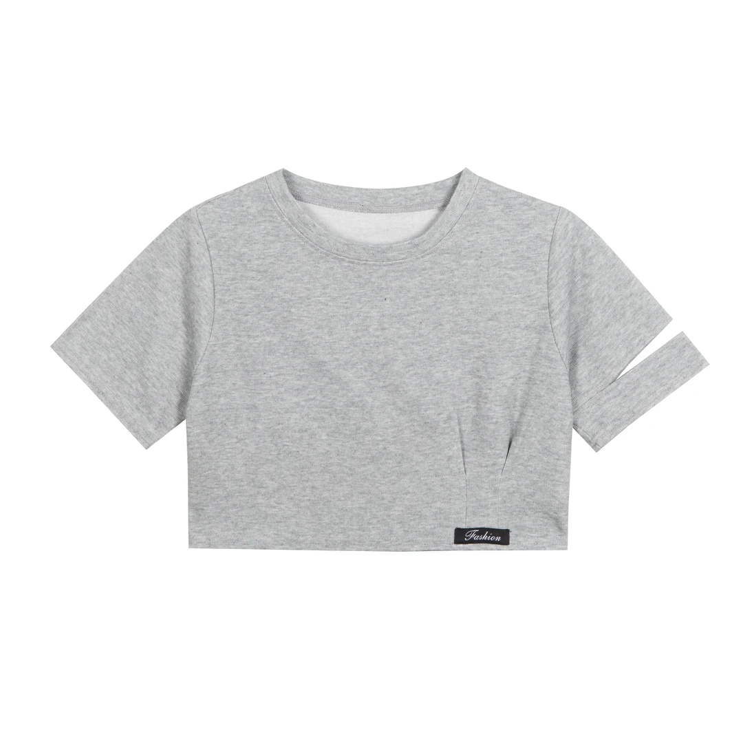 韩版时尚短款t恤女夏季2024新款圆领上衣女休闲百搭设计感女装薄