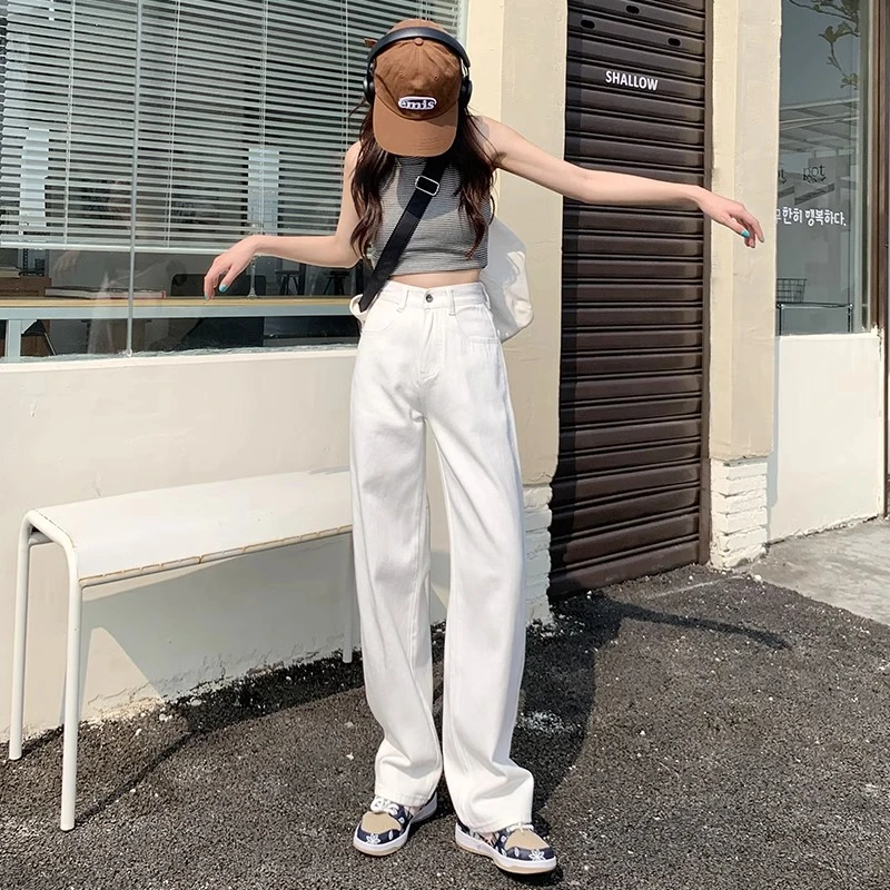 【木木夕】秋冬白色直筒牛仔裤小个子高腰显瘦宽松垂感拖地阔腿裤女