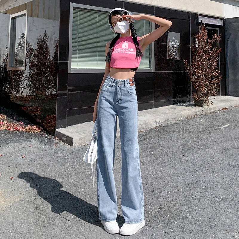 【木木夕】2024年夏季高腰显瘦百搭阔腿牛仔裤双排扣设计宽松拖地裤