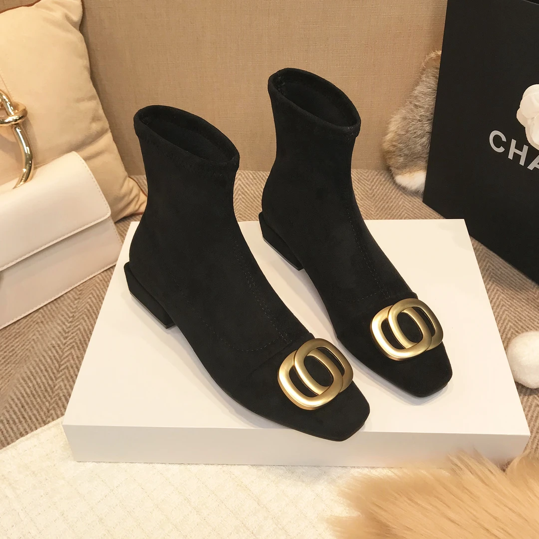 复古金属扣绒面短靴女2025新款粗跟弹力靴方头踝靴百搭瘦瘦靴袜靴