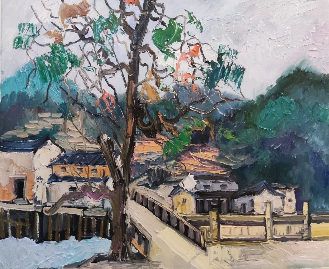 写生油画，新昌县新宅村，规格50＊60.无装裱，有6内框