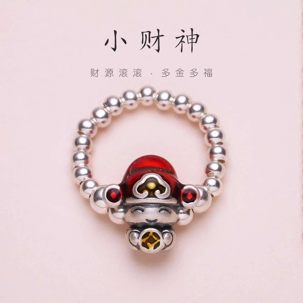 足银戒指 足银财神爷戒指弹力绳纯银小财神食指戒百搭戒指R109