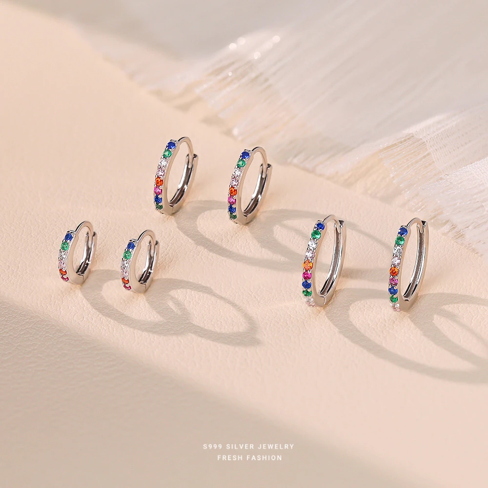 足银耳饰 999纯银精致小巧彩锆耳环女简约睡觉免摘多色耳骨钉E448