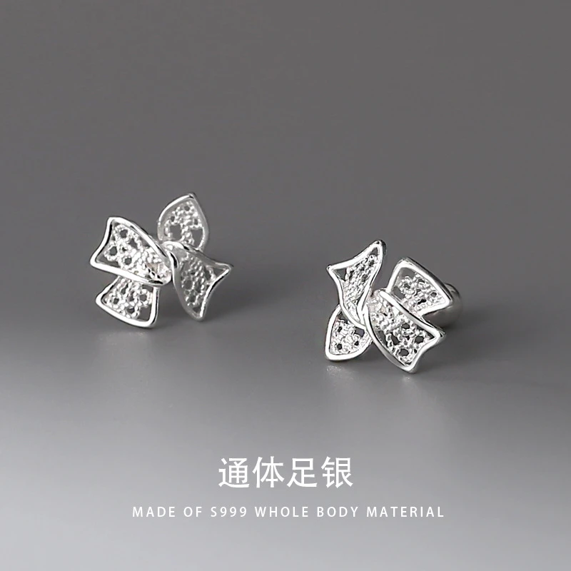 足银手链 S999银韩版蝴蝶结耳钉女养耳洞螺丝镂空花丝耳环E163