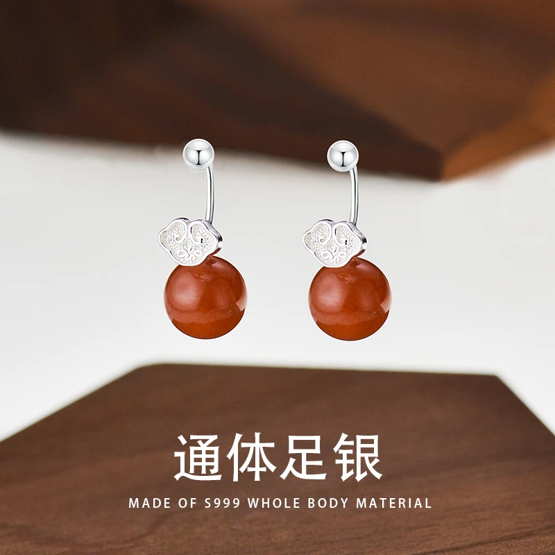 足银耳饰 S999足银祥云耳环女中国风天然冰飘红色米珠耳钉E299