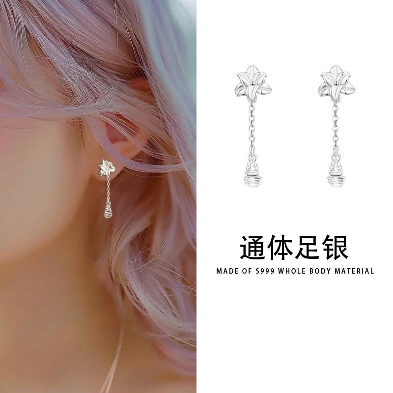 足银耳饰 S999银花朵流苏耳坠女2024新款潮螺丝足银耳钉耳饰E378