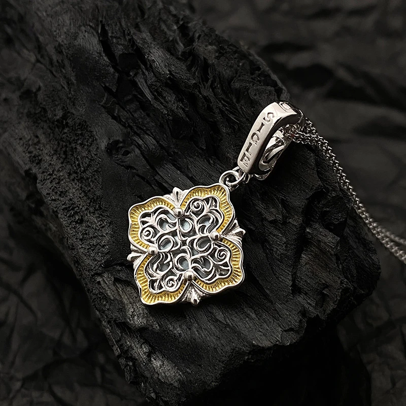 吊坠925银 S925纯银唐草纹贝壳四叶草单吊坠女高级百搭项坠N81