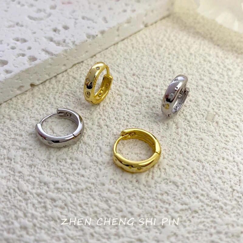 925银耳饰 S925纯银锆石耳扣女精致小巧星星耳环耳圈E462