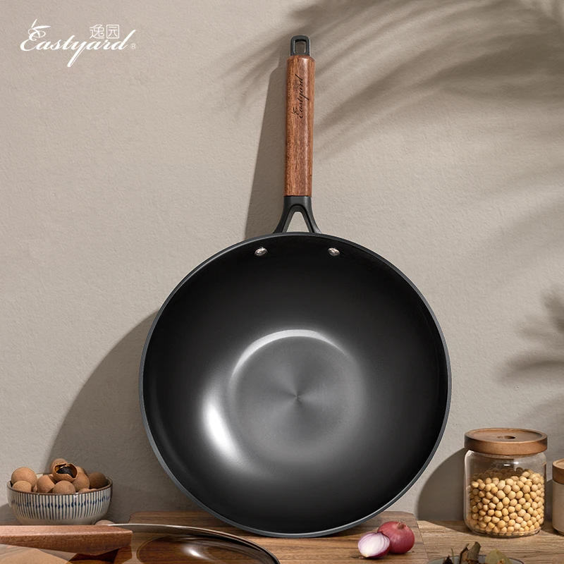 【逸园】无涂层深层氮化乌檀木把手老式铸铁锅