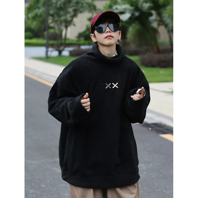 刺绣立领长袖T恤男秋冬季美式潮牌休闲摇粒绒高街宽松内搭打底衫