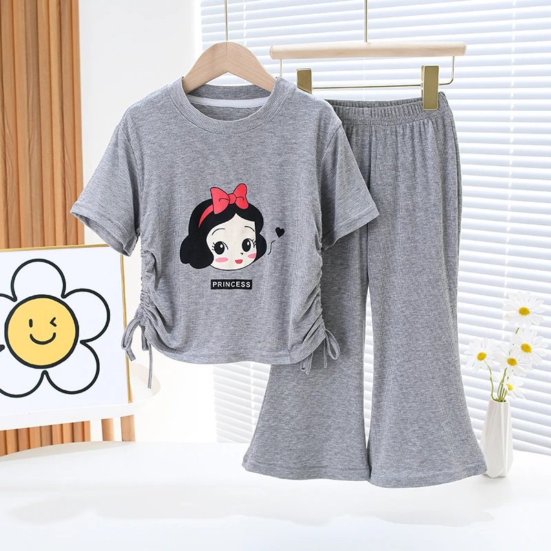 女童短袖套装夏季2024新款小女孩抽绳喇叭裤子薄款休闲运动两件套