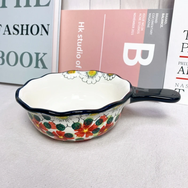 【欧礼】红堇系列手柄碗手绘釉下彩陶瓷