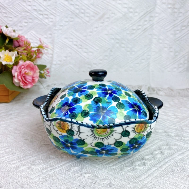 【欧礼】蓝堇6英寸甜品碗釉下彩水果沙拉碗陶瓷炖盅带盖