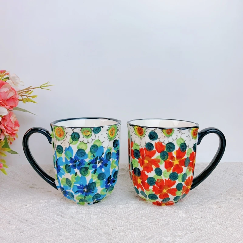 【欧礼】红堇蓝堇混装马克杯手绘釉下彩喝水杯陶瓷