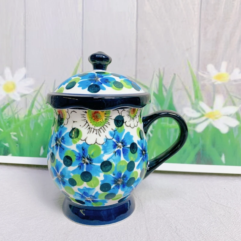 【欧礼】蓝堇系列茶杯带盖配茶漏陶瓷马克杯