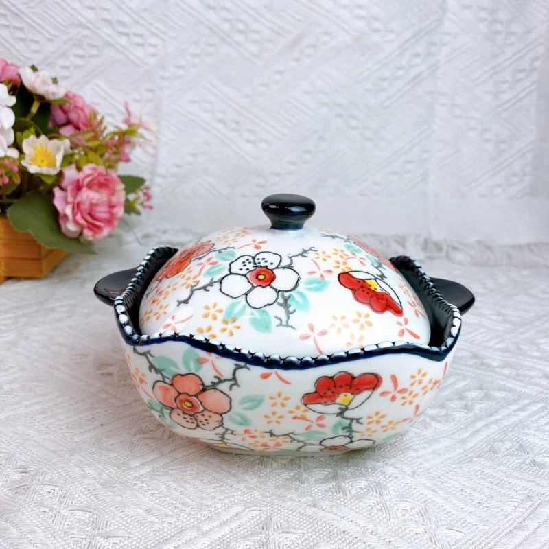 【欧礼】粉黛佳人6寸双耳甜品碗釉下彩水果沙拉碗陶瓷炖盅带盖