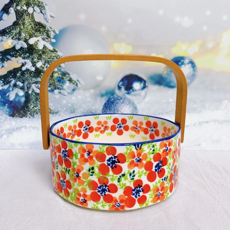 【欧礼】碧丝红樱系列6英寸提手水果碗陶瓷