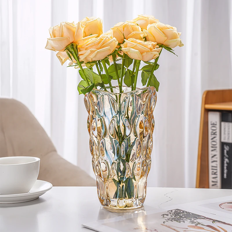大号波西米亚风格加厚插花琥珀玻璃花瓶玻璃瓶ins风轻奢玫瑰花