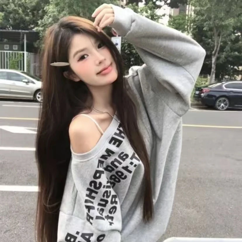 美式辣妹斜肩长袖卫衣女秋季2024新款慵懒oversize设计感小众