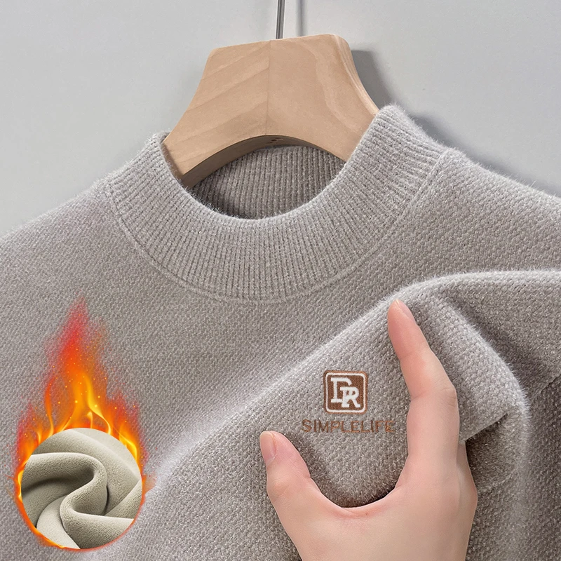 一体绒冬季半高领毛衣男中青年新款刺绣加绒加厚保暖针织打底衫潮